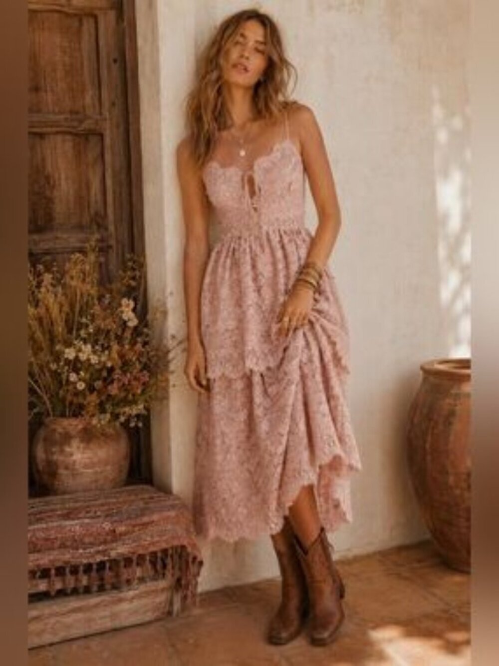 JUST ME Blooming Floral Crochet Lace Midi Dress Sleeveless Tiered Mauve